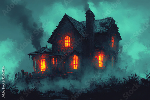 Illustration of a haunted house with glowing windows and eerie fog