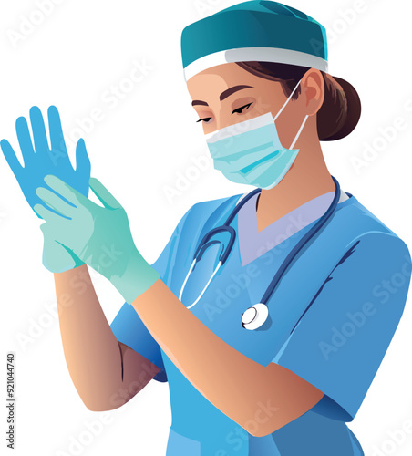 Female doctor wearing surgical mask putting on sterile gloves