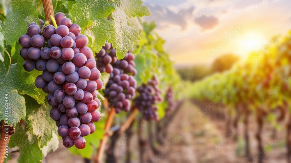 Fototapeta premium Close-up of ripe grapes hanging on the vine in a sunlit vineyard