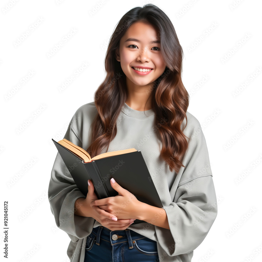 Smiling young female college student holding a book, isolated on transparent background Smiling young female college student holding a book, isolated on transparent background
