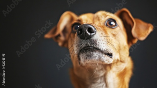 Close-up portrait of a curious dog against a dark background. Realistic style. Perfect for pet-related projects. Captures natural expressions and emotions of pets. 