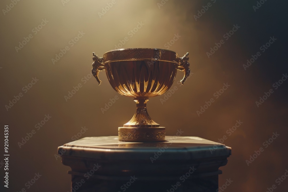 The prestige of a golden trophy on a winner's podium. AI generated The prestige of a golden trophy on a winner's podium. AI generated