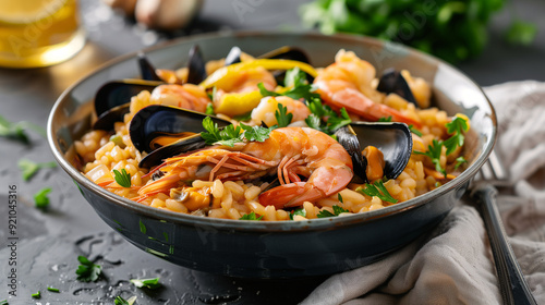 a gourmet seafood risotto, featuring shrimp, mussels, and clams, garnished with fresh parsley and lemon zest, served in a deep, elegant bowl with a linen napkin beside it