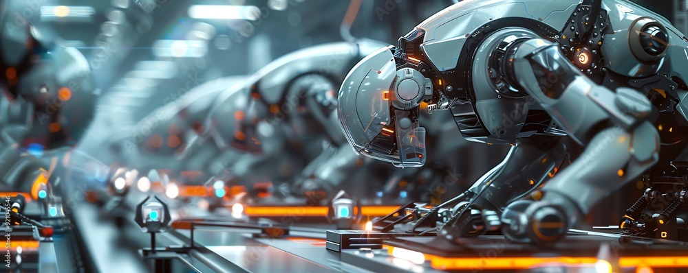 Futuristic robotic assembly line with humanoid robots working in unison. Futuristic robotic assembly line with humanoid robots working in unison.