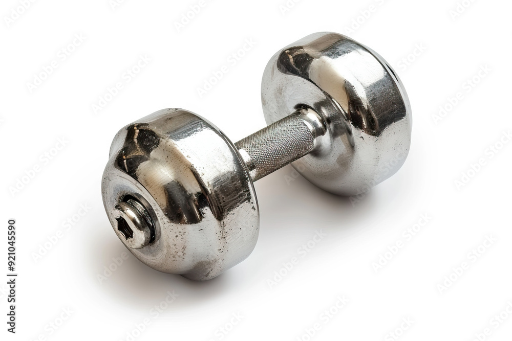 High-quality stainless steel dumbbell isolated on a white background, essential for fitness and strength training. High-quality stainless steel dumbbell isolated on a white background, essential for fitness and strength training.