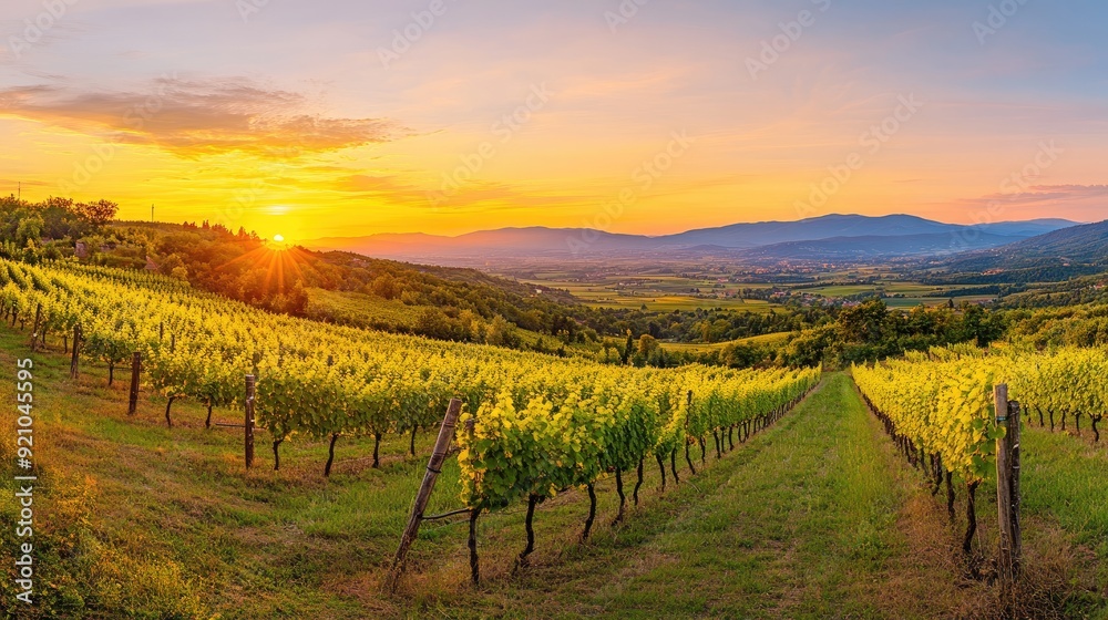 Fototapeta premium Vineyard Landscape at Sunset with Golden Sky and Rolling Hills