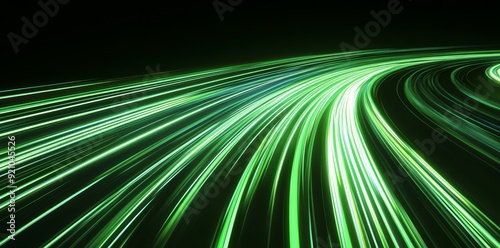 An electric vehicle technology 3d rendering of a green speed light trail on the road, a renewable energy highway transportation concept, and an eco-friendly eco-powered car street light at night.