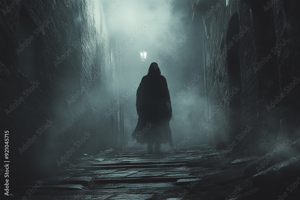 Illustration of a sinister shadowy figure lurking in a foggy alleyway. Illustration of a sinister shadowy figure lurking in a foggy alleyway.