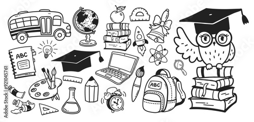 Vector line art cute illustration set of back to school education symbols and objects