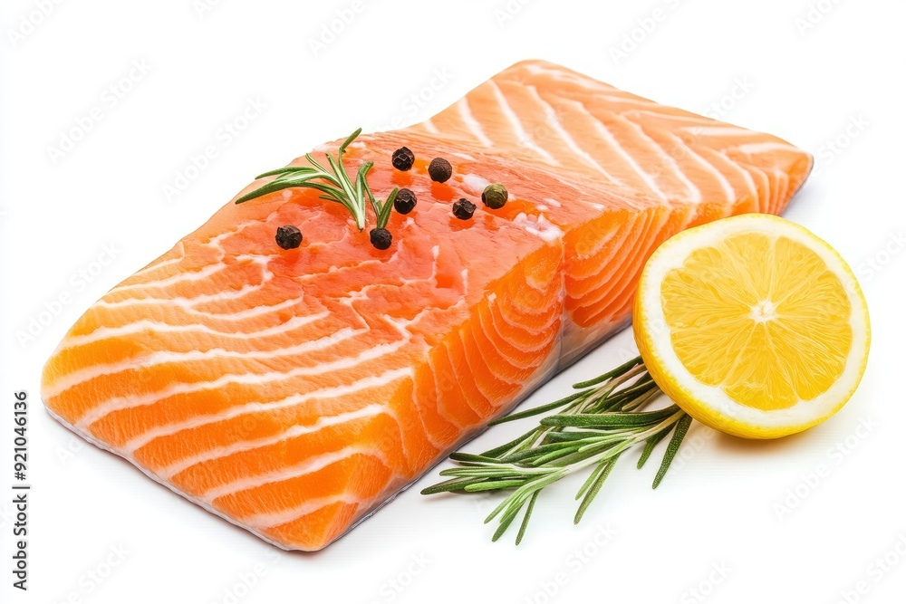 Juicy slice of fresh salmon with ingredients closeup isolated on a white background - generative ai Juicy slice of fresh salmon with ingredients closeup isolated on a white background - generative ai