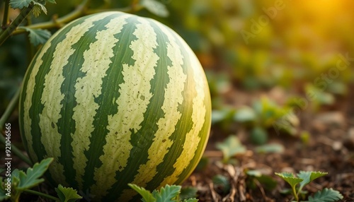 Close-up of watermelon growing in an organic field. photo