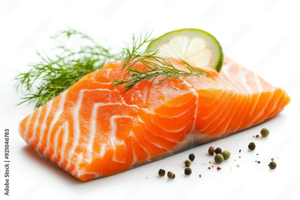 Juicy slice of fresh salmon with ingredients closeup isolated on a white background - generative ai Juicy slice of fresh salmon with ingredients closeup isolated on a white background - generative ai