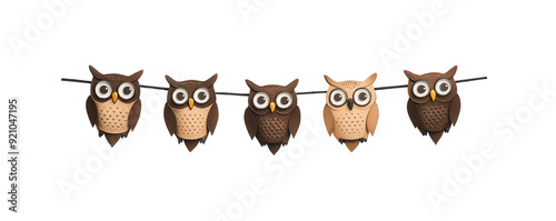 A whimsical illustration of five colorful owls perched in a row, ideal for nature-themed designs or children's projects. photo