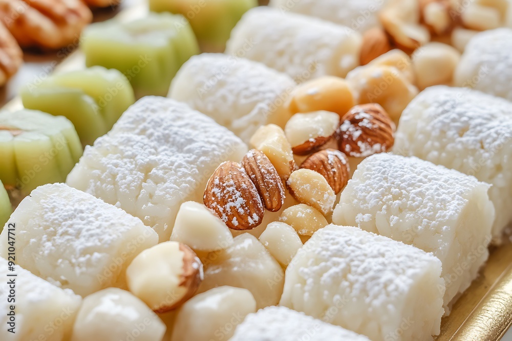 Close-Up of Delicate White Sweets with Nuts Close-Up of Delicate White Sweets with Nuts