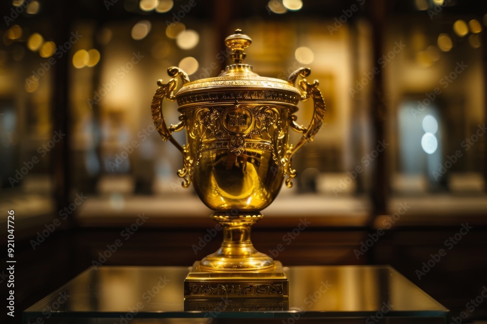 The prestigious World Cup trophy showcased in an art museum, highlighting its iconic status in the realm of sports, The prestige of a golden trophy in a museum exhibit, AI generated The prestigious World Cup trophy showcased in an art museum, highlighting its iconic status in the realm of sports, The prestige of a golden trophy in a museum exhibit, AI generated