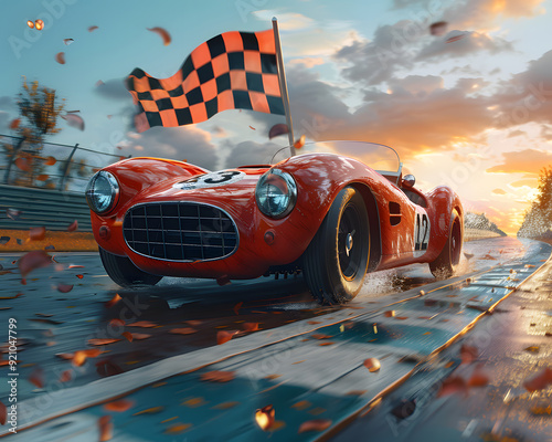A classic red race car speeds across the finish line, waving a checkered flag in victory, set against a dramatic sunset on a racetrack