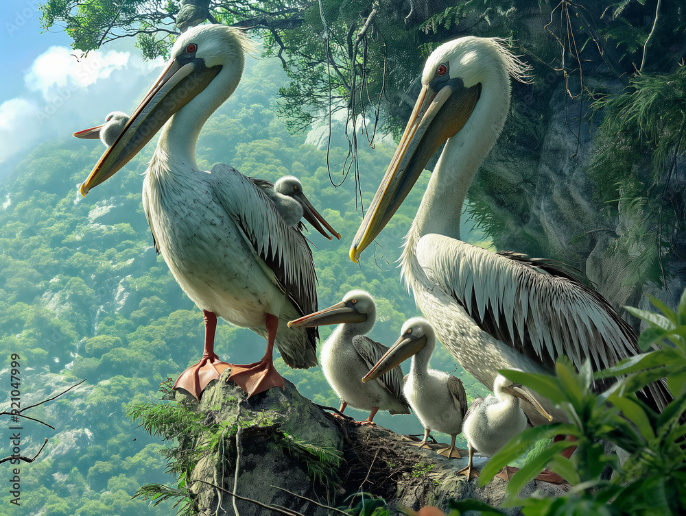 A group of pelicans are standing on a rock in a lush green forest. The scene is peaceful and serene, with the birds looking out over the trees A group of pelicans are standing on a rock in a lush green forest. The scene is peaceful and serene, with the birds looking out over the trees