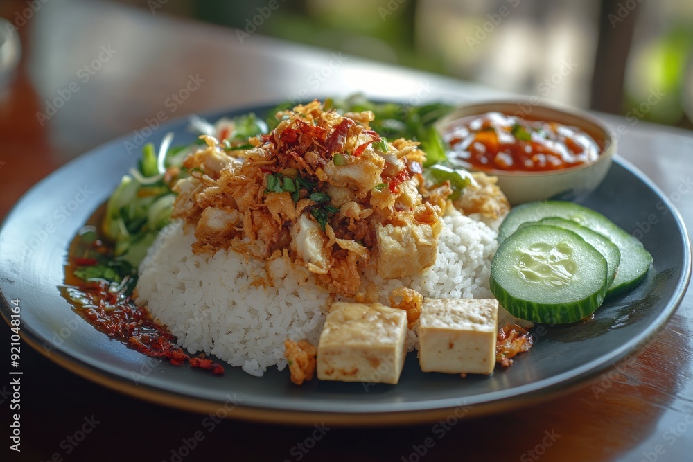 Rice with shredded fried chicken, tempeh, tofu, cucumber salad and chili sauce. Indonesian food - generative ai Rice with shredded fried chicken, tempeh, tofu, cucumber salad and chili sauce. Indonesian food - generative ai