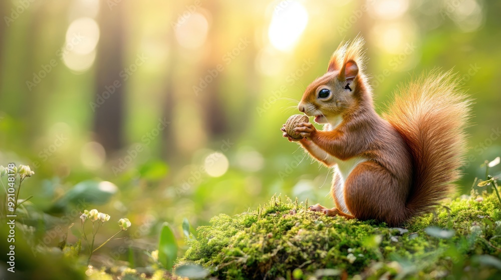 Obraz premium Red Squirrel Enjoying a Nut in a Forest