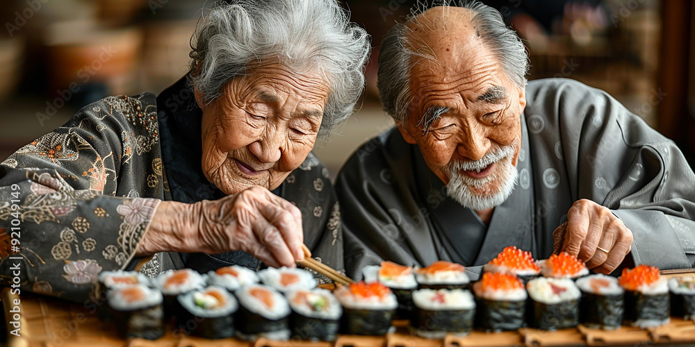 Portrait of an elderly couple eating sushi Portrait of an elderly couple eating sushi