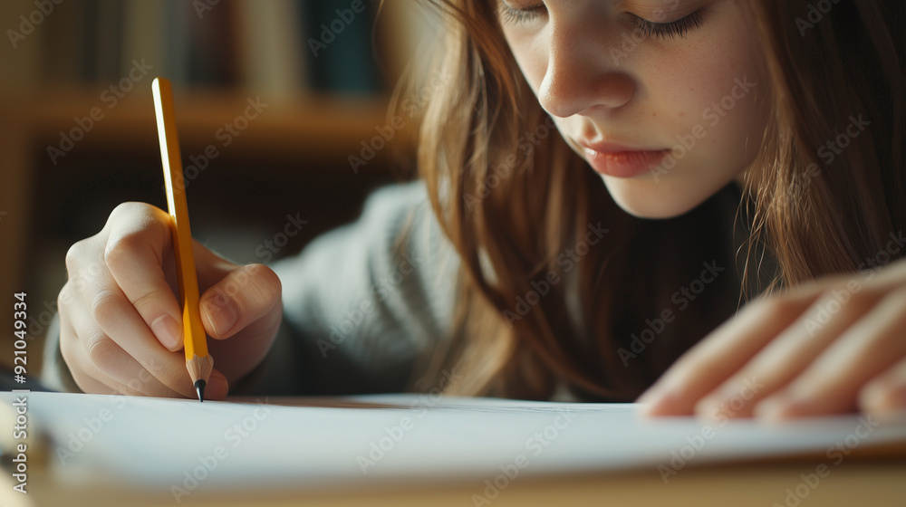 Side profile of a focused young teenage girl holding a pencil while taking an exam. The image captures a diligent college or high school student sitting at a table, writing on a pa Side profile of a focused young teenage girl holding a pencil while taking an exam. The image captures a diligent college or high school student sitting at a table, writing on a pa