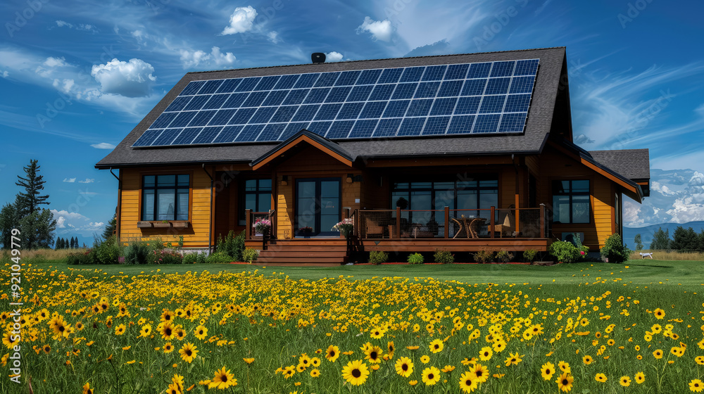 A large house with a solar panel on the roof. The house is surrounded by a lush green lawn and has a beautiful garden with flowers. The sky is cloudy, and the sun is setting, creating a warm A large house with a solar panel on the roof. The house is surrounded by a lush green lawn and has a beautiful garden with flowers. The sky is cloudy, and the sun is setting, creating a warm