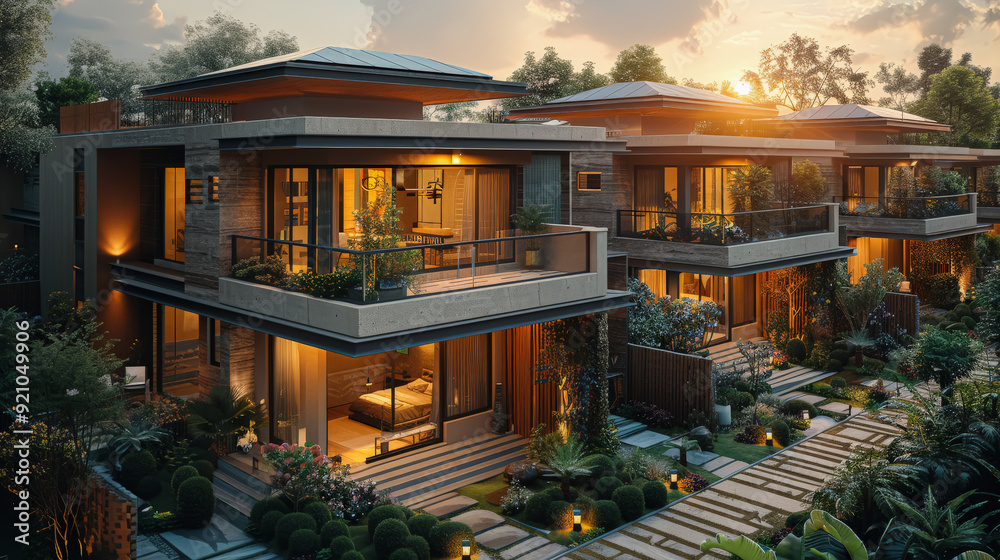 A large house with a solar panel on the roof. The house is surrounded by a lush green lawn and has a beautiful garden with flowers. The sky is cloudy, and the sun is setting, creating a warm A large house with a solar panel on the roof. The house is surrounded by a lush green lawn and has a beautiful garden with flowers. The sky is cloudy, and the sun is setting, creating a warm