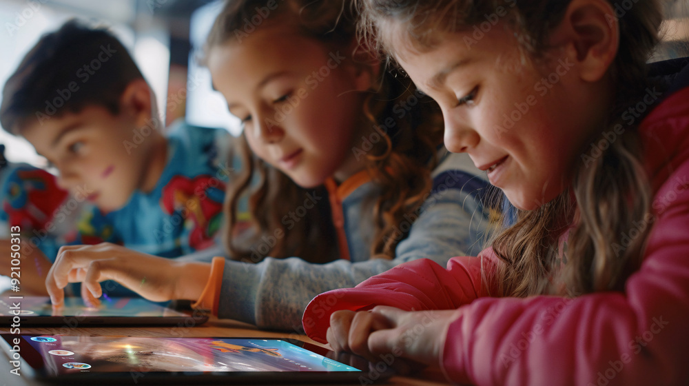 Students interacting with educational apps on tablets, digital learning resources accessible on laptops, interactive simulations engaging young minds
