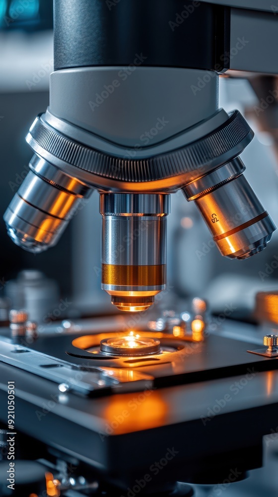 Close-up of a modern microscope with illuminated stage, enhancing scientific research and exploration in laboratories.