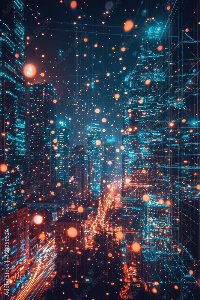 Fototapeta premium Night Cityscape with Digital Overlay