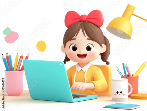 Cheerful office woman typing on a laptop, red bow, muted pastels, kawaii clay style, Blender 3D, colorful tones, isolated white background