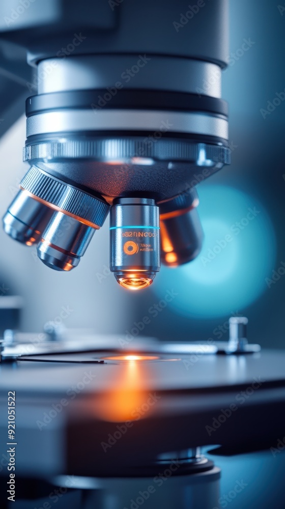 Close-up view of a microscope showcasing intricate details and illuminated glass optics for scientific research and exploration. Close-up view of a microscope showcasing intricate details and illuminated glass optics for scientific research and exploration.