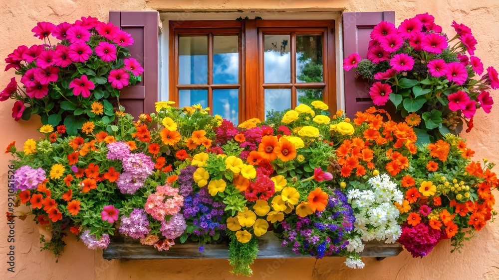 Vibrant Watercolor Window Box Overflowing with Blooms Generative AI Vibrant Watercolor Window Box Overflowing with Blooms Generative AI