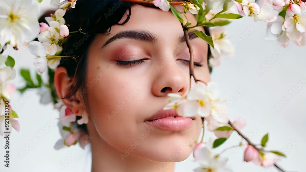 Tranquil Woman with Floral Crown and Blossoms Posed Against Soft Background 4k video Tranquil Woman with Floral Crown and Blossoms Posed Against Soft Background 4k video