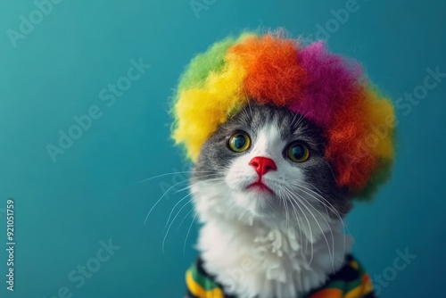 A cat wearing a clown wig and a costume. The cat is looking at the camera with a serious expression