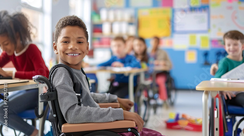 Inclusive classrooms with diverse students, special education teachers providing individualized support, students using assistive technologies, accessibility features integrated