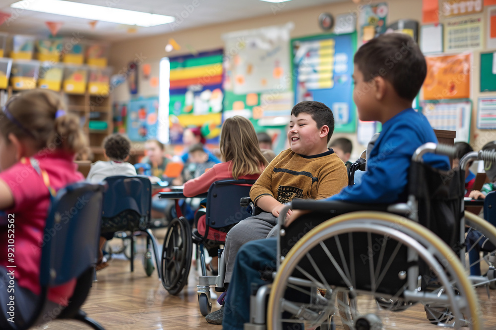 Students with disabilities participating in group activities, special education classrooms equipped with adaptive tools, inclusive learning environments fostering acceptance Students with disabilities participating in group activities, special education classrooms equipped with adaptive tools, inclusive learning environments fostering acceptance