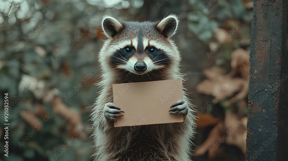 Fototapeta premium Funny raccoon holding an blank cardboard in his paws
