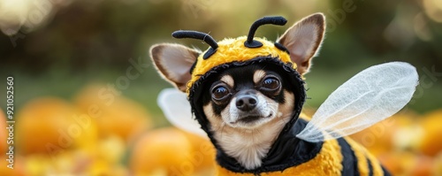A small dog is wearing a bee costume and standing in front of a pile of pumpkins. The scene has a playful and whimsical mood, as the dog is dressed up in a costume and surrounded by pumpkins