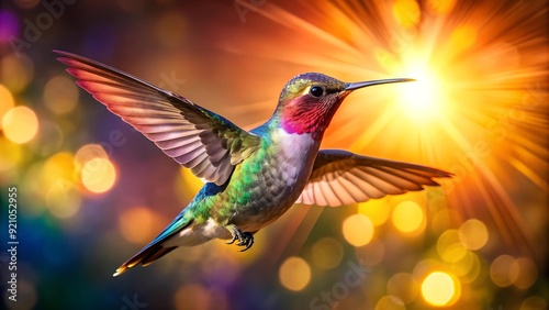 A Vibrant Hummingbird in Mid-Flight Against a Sunset Sky  Generative AI photo