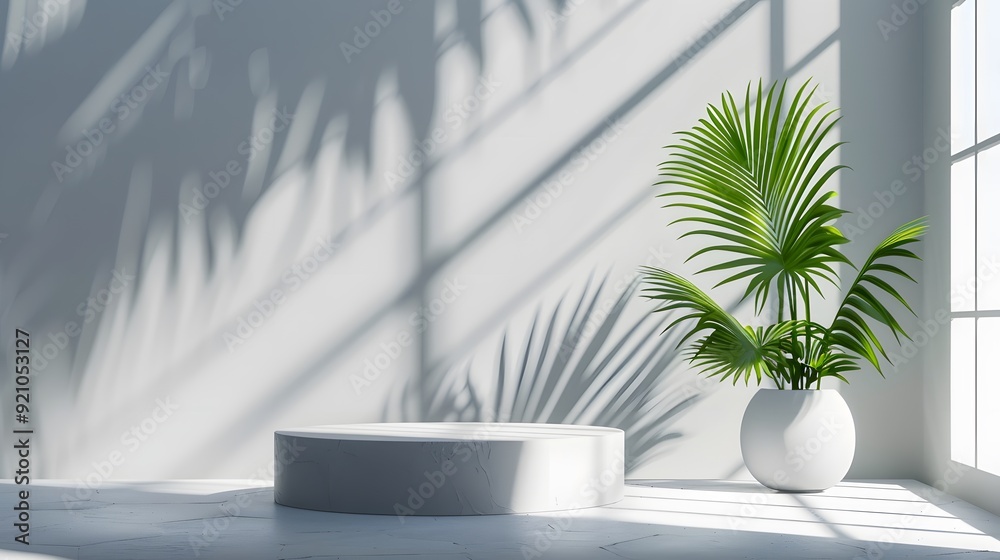 Modern white and gray geometric pedestal podium with green palm leaf, Platform in shadow, Abstract white and gray minimal wall scene, rendering 3d shape cosmetic product display presentation Modern white and gray geometric pedestal podium with green palm leaf, Platform in shadow, Abstract white and gray minimal wall scene, rendering 3d shape cosmetic product display presentation