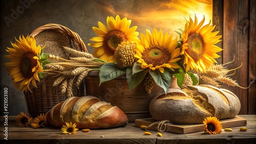 Sunflowers, Rustic Bread, and a Flickering Candlelight: A Golden Hour Still Life  AI Generated photo