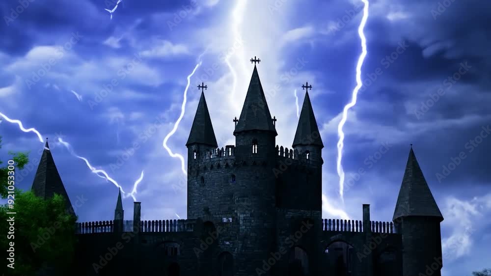 Frankenstein's monster, lightning storm, gothic castle Frankenstein's monster, lightning storm, gothic castle