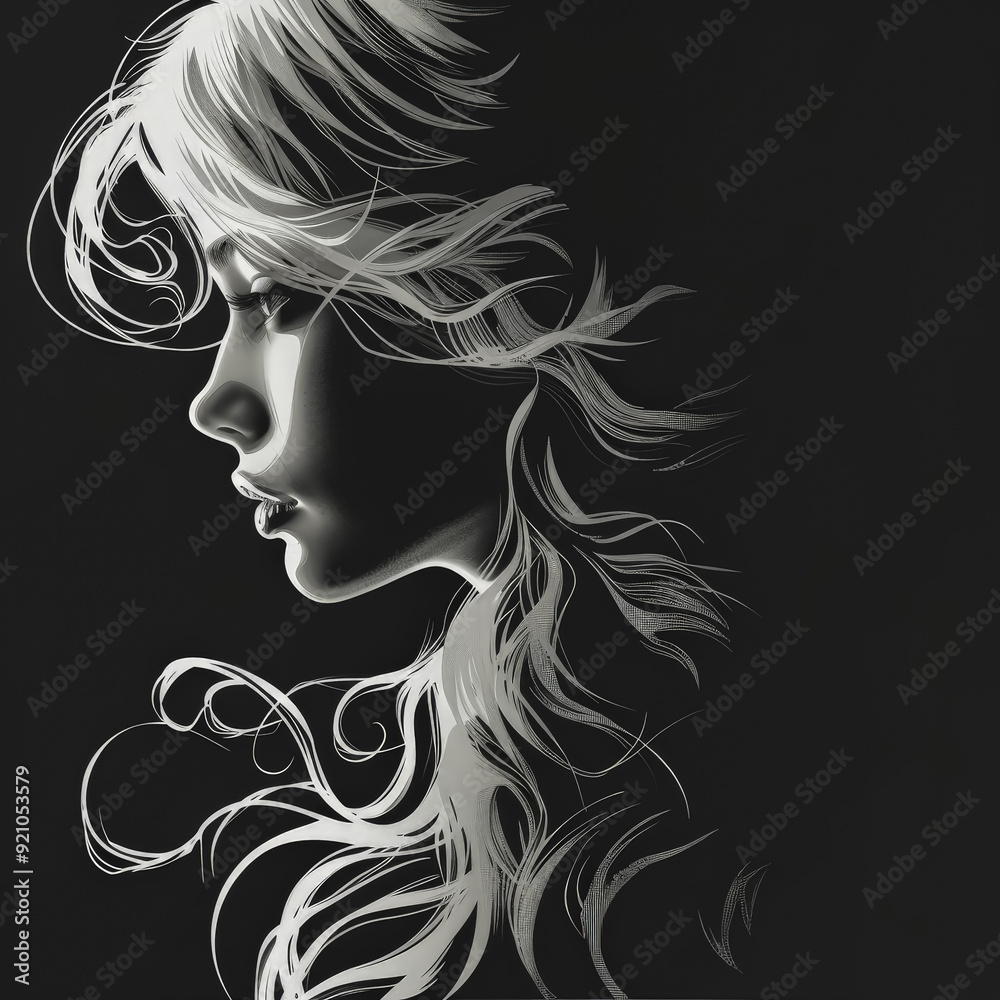 A woman with long hair is the main subject of the image. The hair is styled in a way that it is blowing in the wind, giving the impression of movement and freedom. Scene is one of elegance A woman with long hair is the main subject of the image. The hair is styled in a way that it is blowing in the wind, giving the impression of movement and freedom. Scene is one of elegance