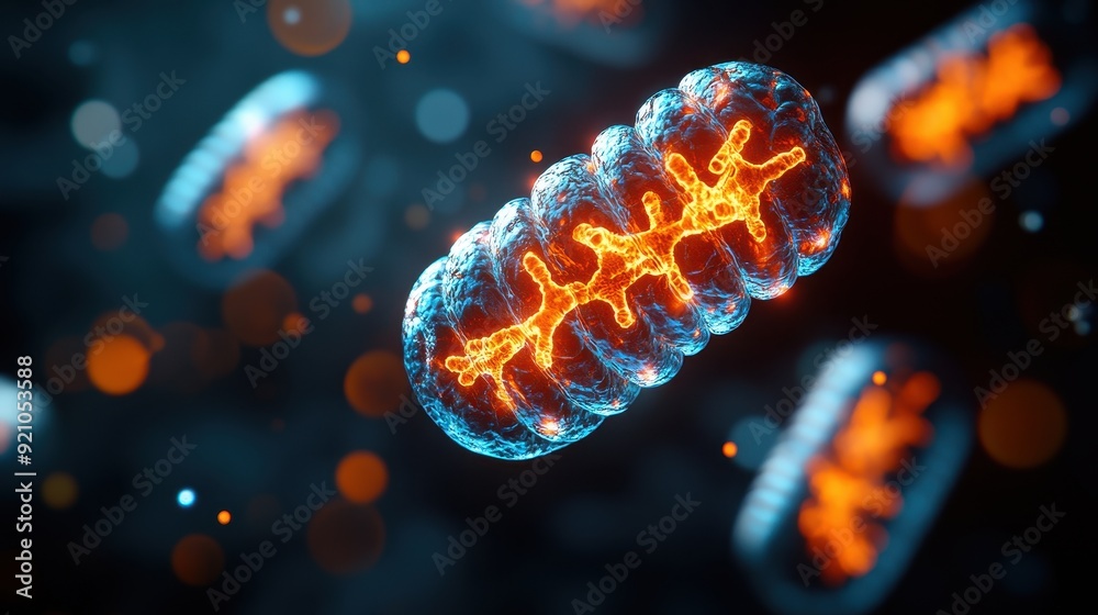 Vibrant 3D illustration of a mitochondrion cell structure with glowing energy patterns, showcasing biological intricacies. Vibrant 3D illustration of a mitochondrion cell structure with glowing energy patterns, showcasing biological intricacies.