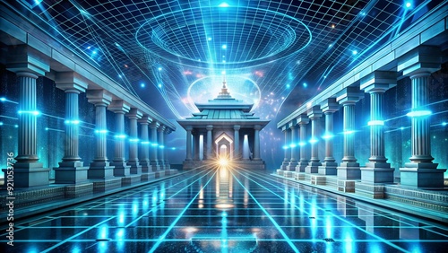 Fototapeta Naklejka Na Ścianę i Meble -  A vibrant 3D hologram of a Thai temple, rendered in glowing green neon wireframe pixels, pulsating with the ener  Generative AI