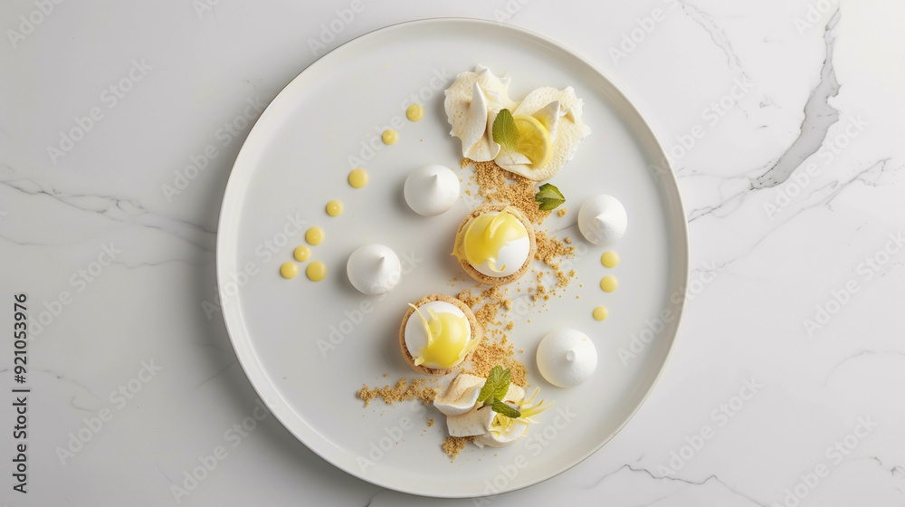 a minimalist dessert plate featuring a deconstructed lemon tart, with lemon curd, shortbread crumbs, and meringue dots arranged artistically, set on a white marble surface a minimalist dessert plate featuring a deconstructed lemon tart, with lemon curd, shortbread crumbs, and meringue dots arranged artistically, set on a white marble surface