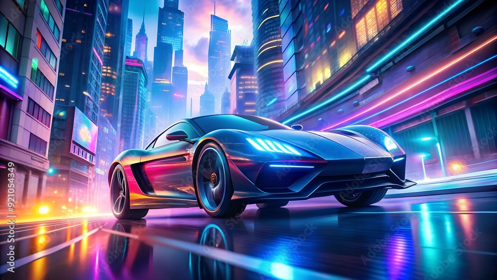 A Futuristic Electric Sports Car Zipping Through a Neon Cityscape generative AI A Futuristic Electric Sports Car Zipping Through a Neon Cityscape generative AI