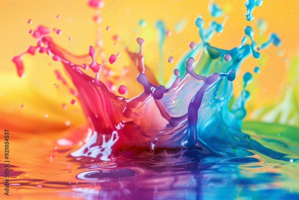 Fototapeta premium A dynamic splash of water in vivid colors, complemented by a bright rainbow background, creating a joyful atmosphere, Random splashes of color that create interest, AI generated