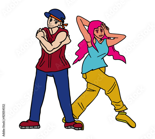 ブレイキングダンスの大会で決めポーズをする男女dancerの立ち姿
